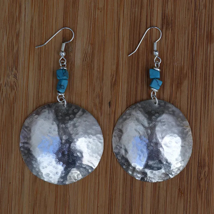 Domed Circle With Turquoise Chip Bombolulu Earrings - Silver Plated
