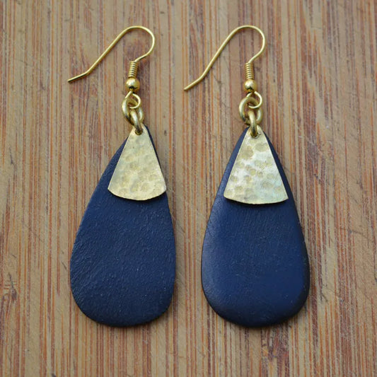 Black Wood Teardrop and Brass Circle Bombolulu Earrings