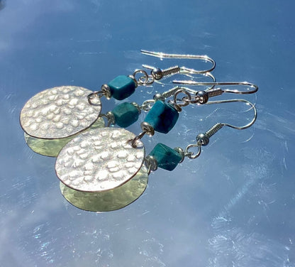 Silver Disc + Turquoise Chip Earrings