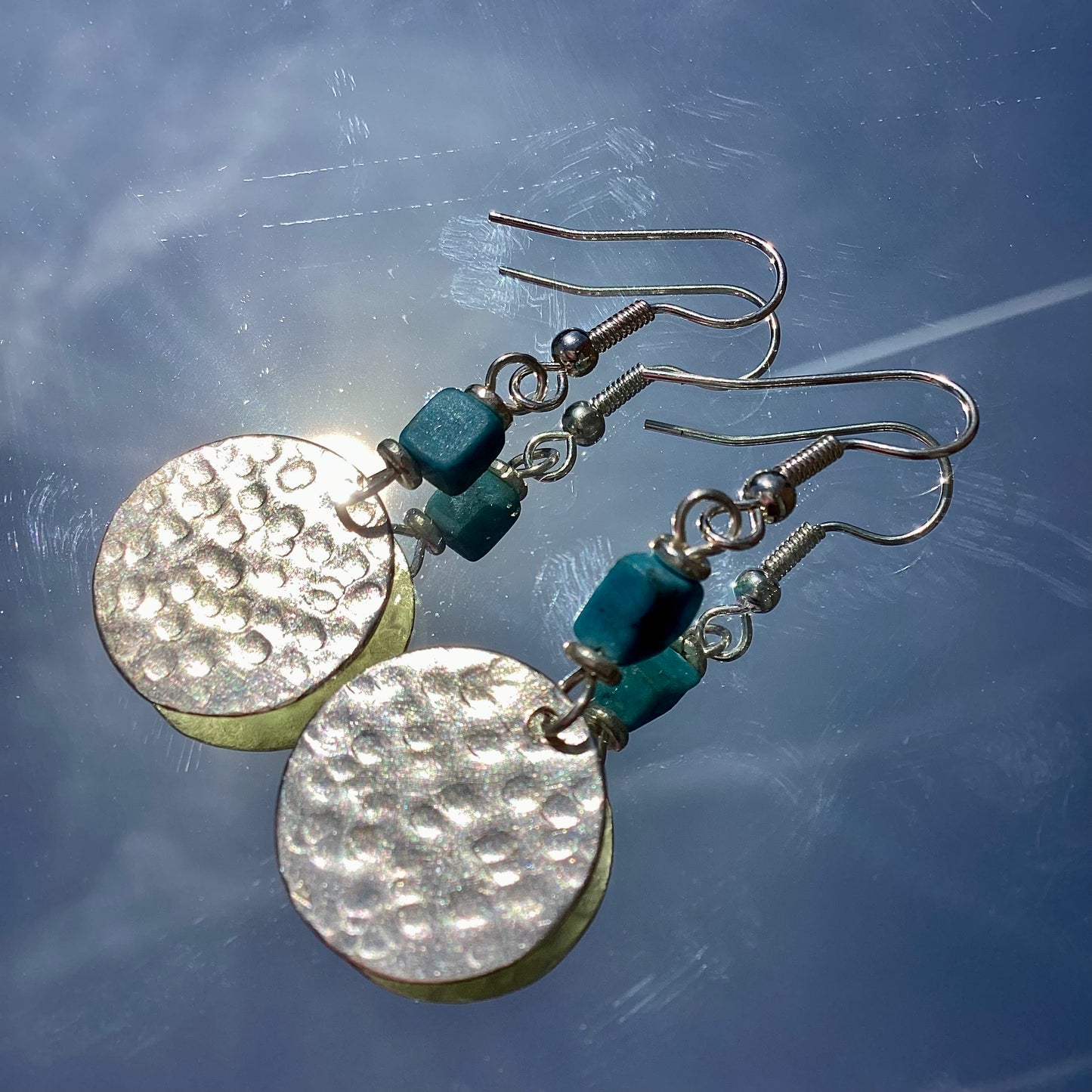 Silver Disc + Turquoise Chip Earrings