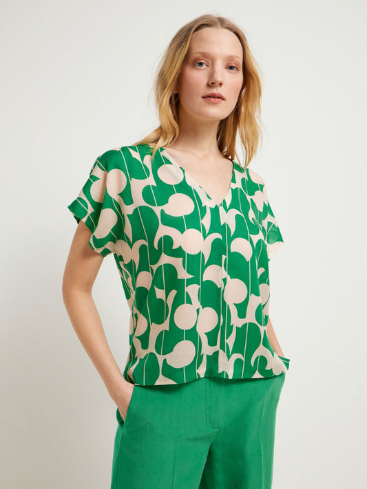 Graphic Dots V Neck Blouse - Green