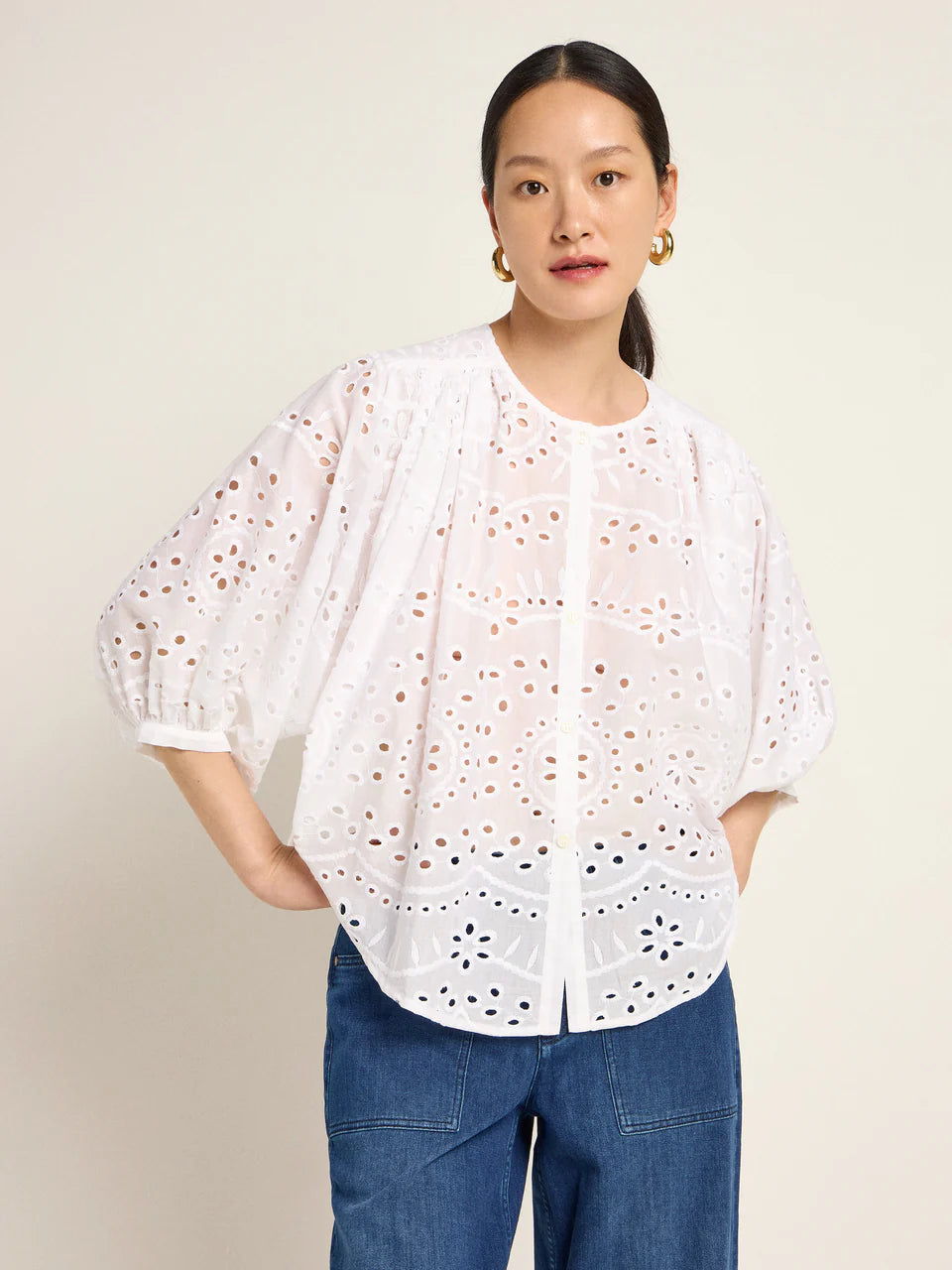 Off White Ruffled Embroidered Blouse