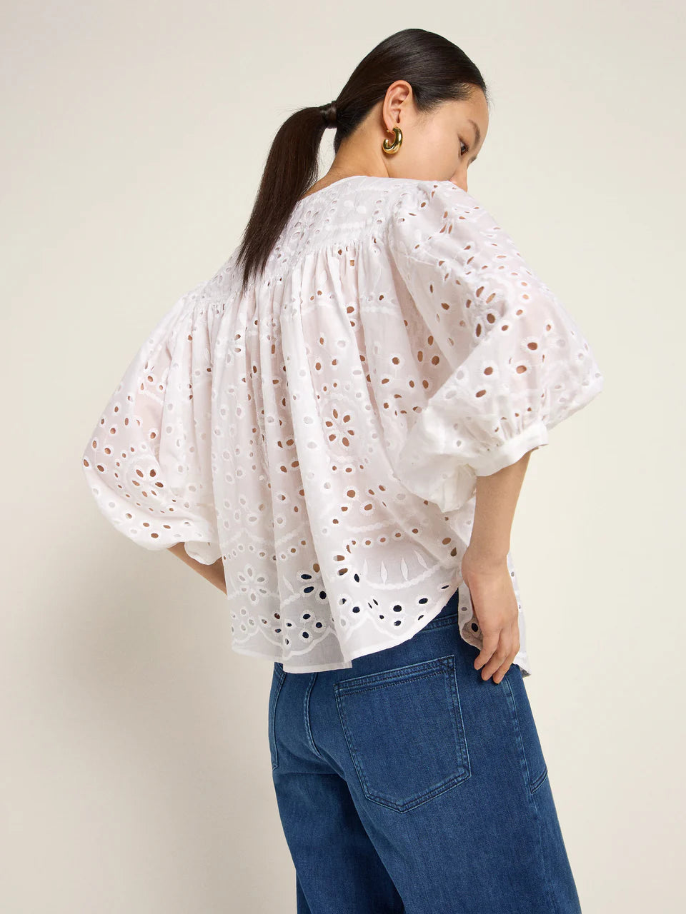 Off White Ruffled Embroidered Blouse