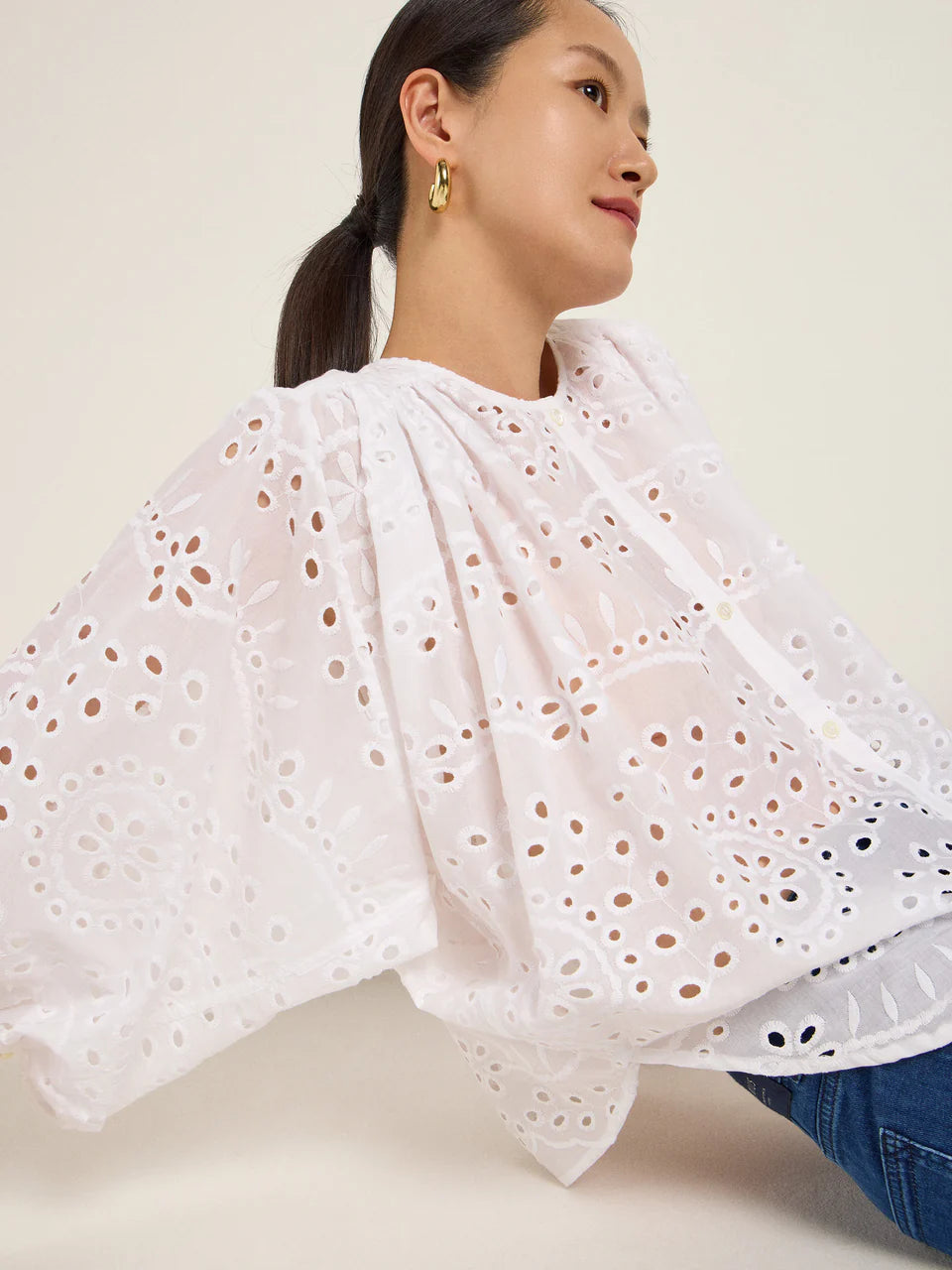 Off White Ruffled Embroidered Blouse
