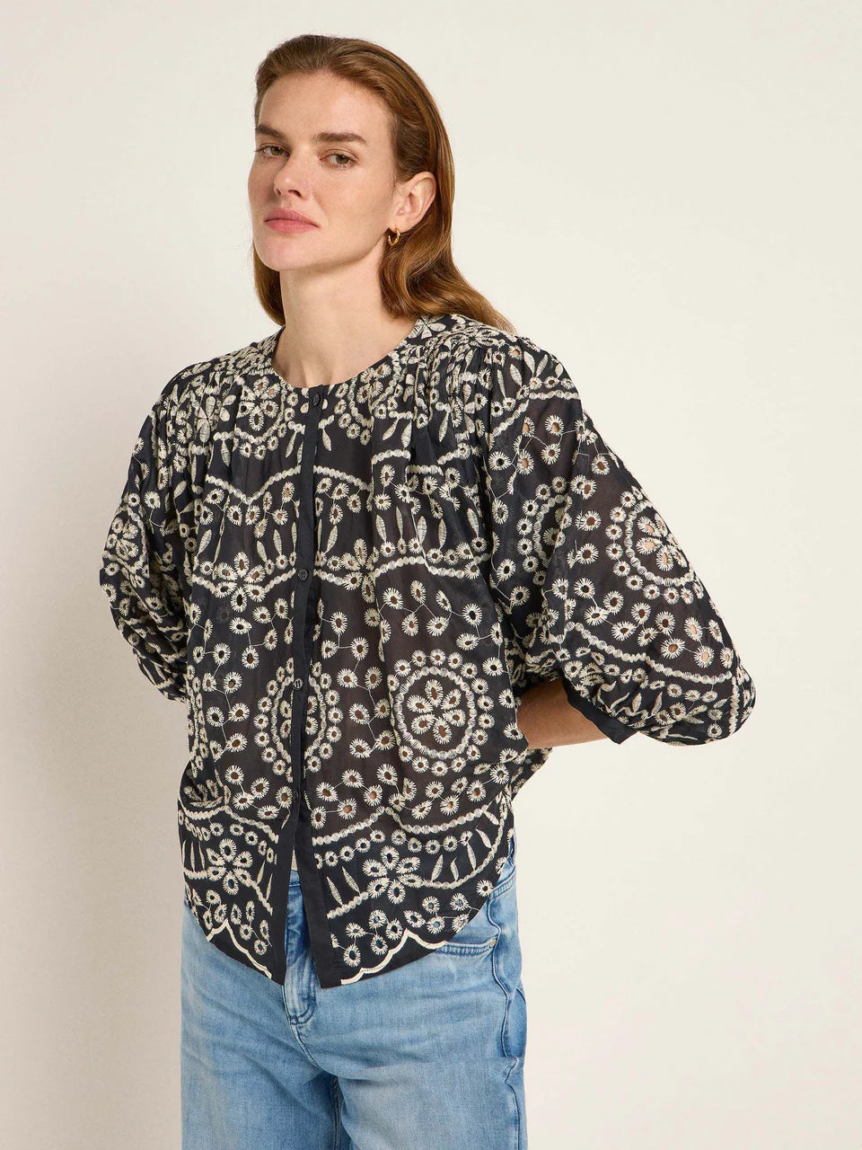 Black Ruffled Embroidered Blouse