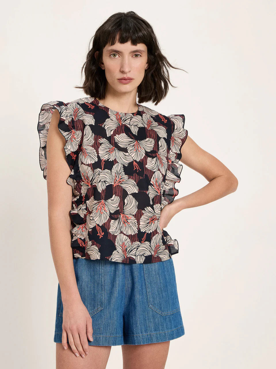 Ruffled Print Bloom Blouse Onyx