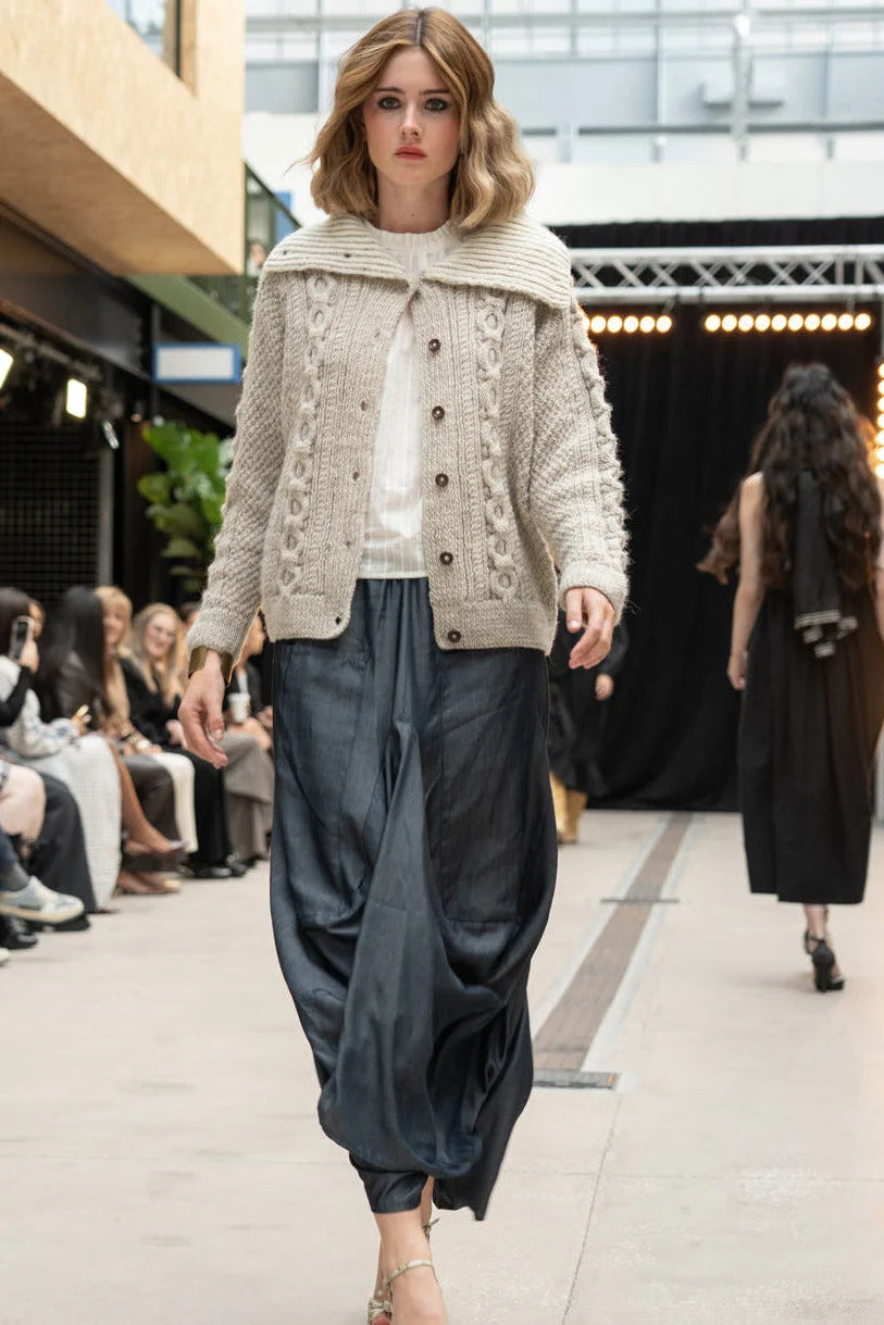The Chloe Cardigan with Funnel Neck - Hand Knit in Natural Light Grey