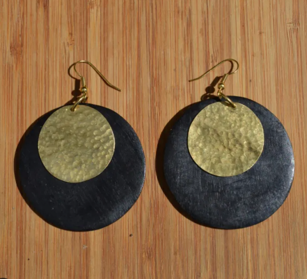 Black Wood Disc and Brass Circle Bombolulu Earrings