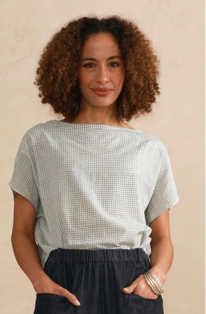 Slash Neck Top - Shorter Length - Cream and Grey Check