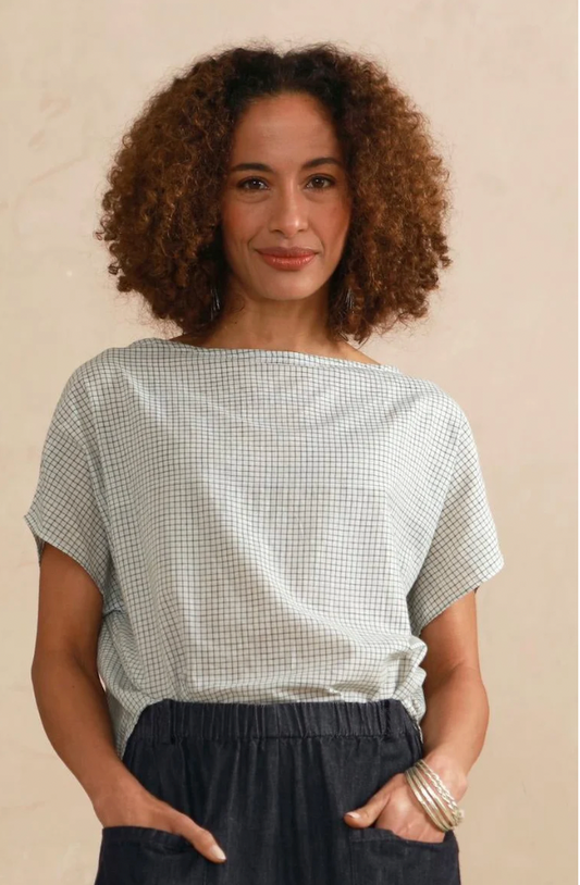 Boat Neck Top - Shorter Length - Cream and Grey Check