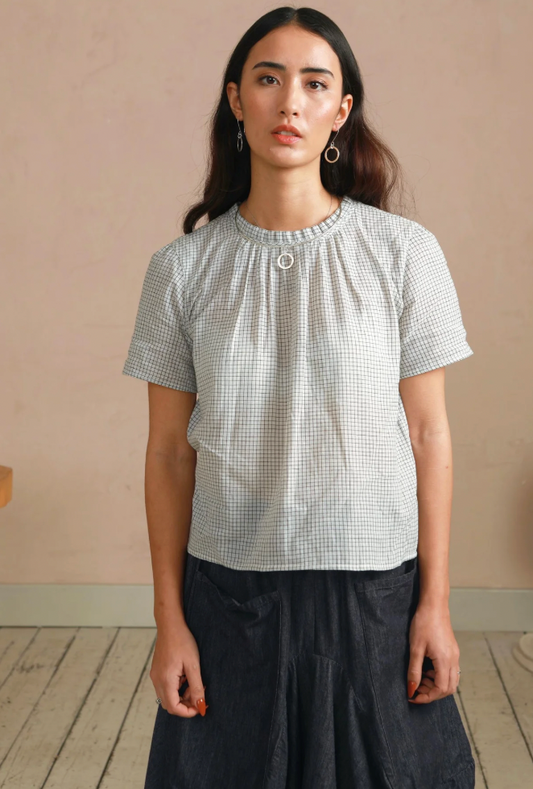 Shayla Top - Reversible Frill-Neck - Cream and Grey Check