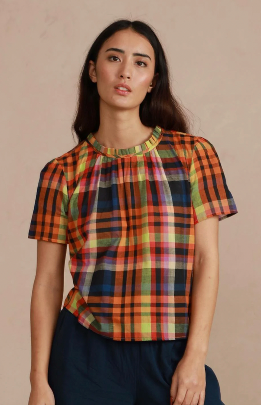 Shayla Top - Reversible Frill-Neck - Multi Check