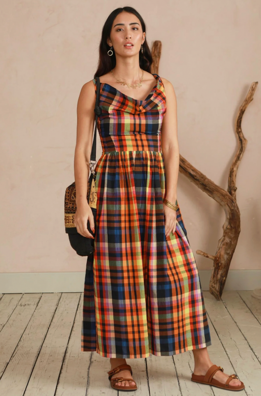 The Celia Cowl Neck Dress in Multi Check