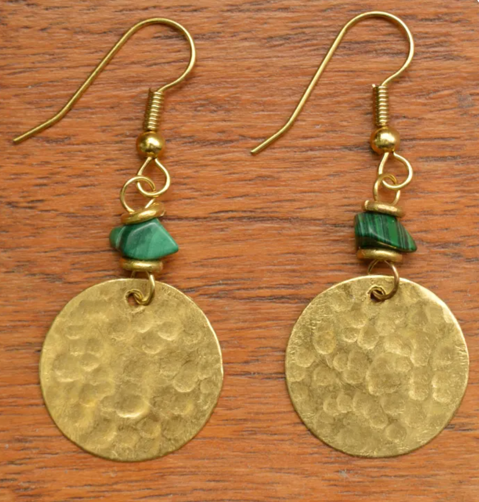 Small Brass Disc & Malachite chip Earrings