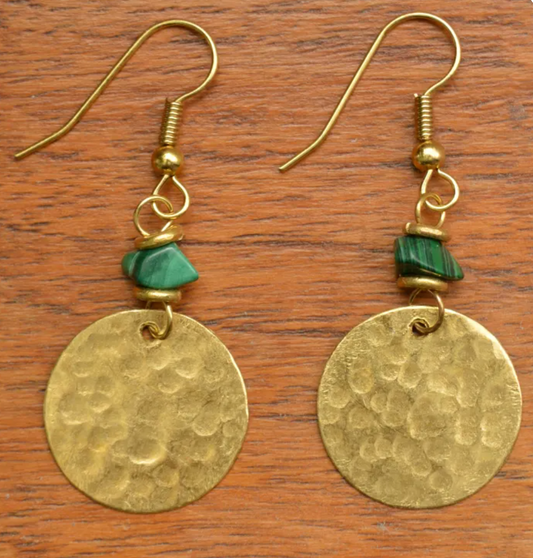 Small Brass Disc & Malachite chip Earrings