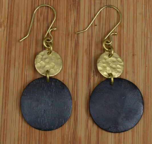 Black Bone & Brass Disc Earrings
