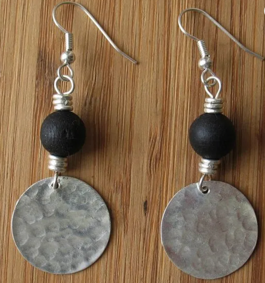 Silver Plated Coin & Blackwood Bead Earrings.