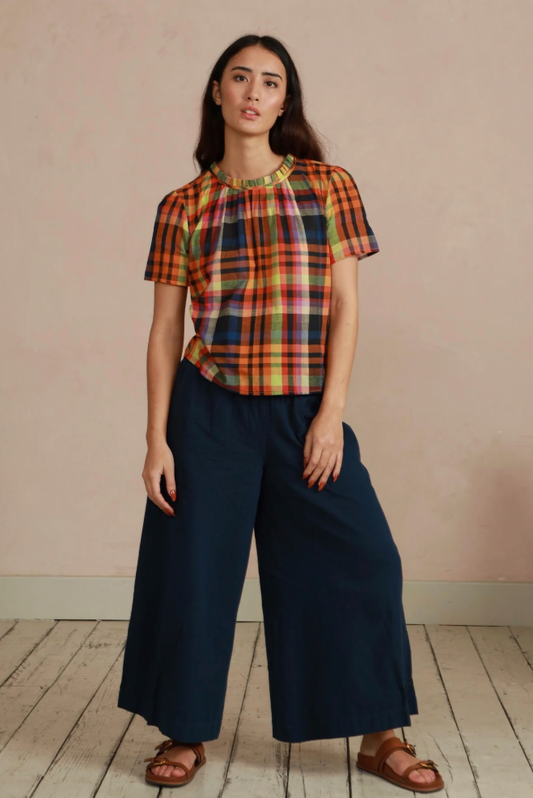 Navy Wide Leg Trousers in Handwoven Organic Cotton - (Medium Weight Twill)