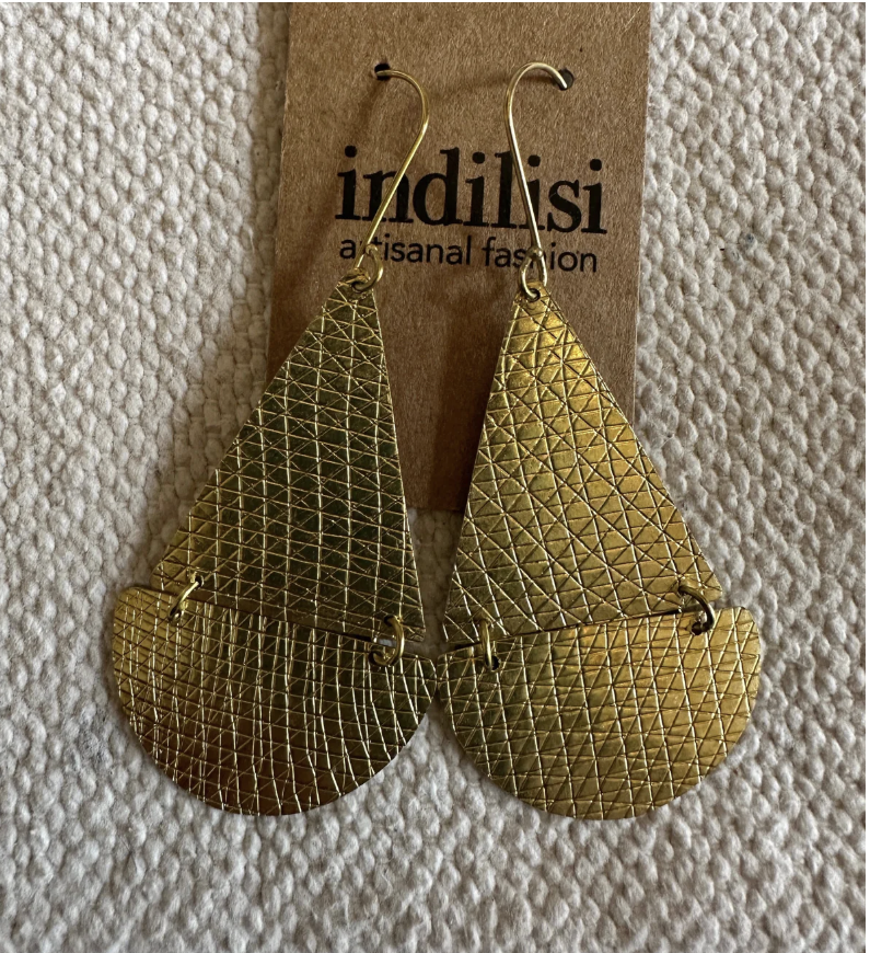 Large Petal Drop Cross-Hatch Earrings Brass