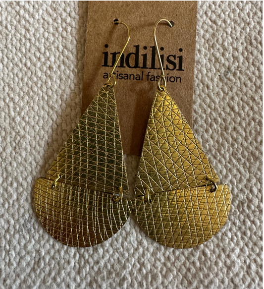 Large Petal Drop Cross-Hatch Earrings Brass