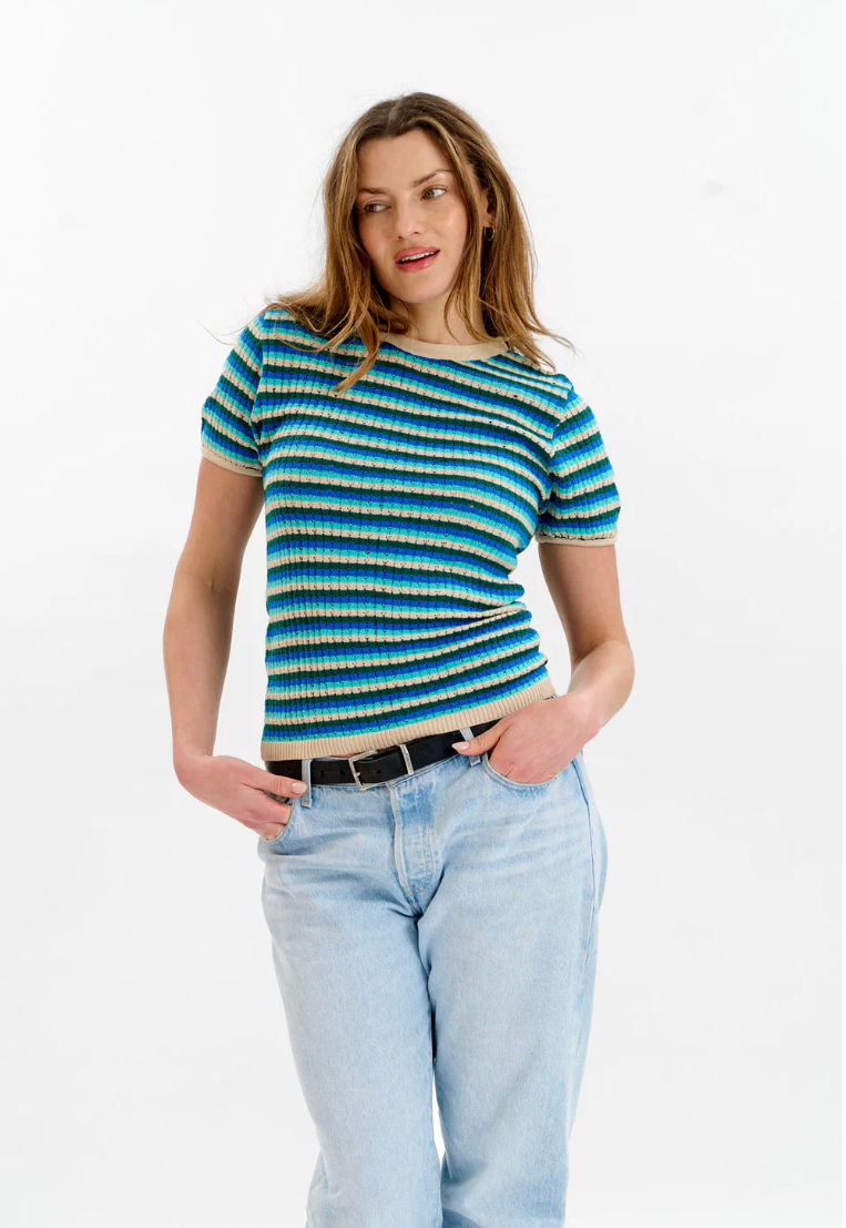 Penelope Pointelle Stripe Tee Ocean