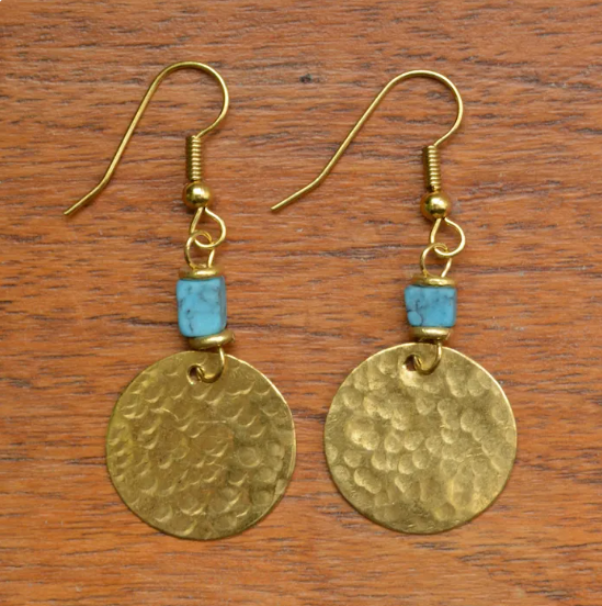 Small Brass Disc & Turquoise chip Earrings