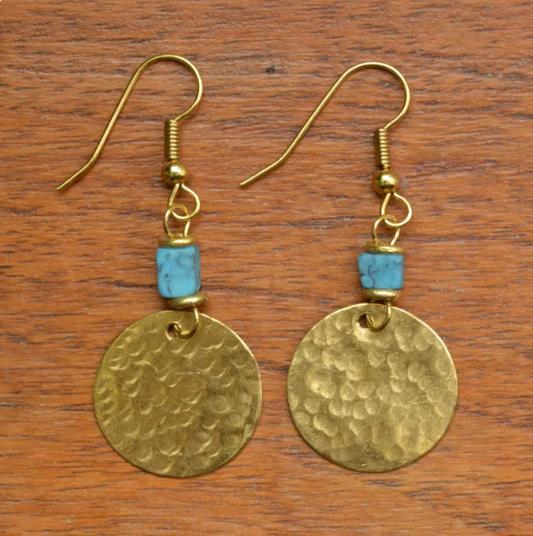 Small Brass Disc & Turquoise chip Earrings