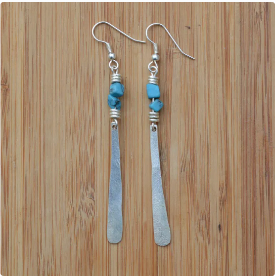 Silver Short Petal + Turquoise Chip Earrings