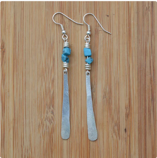 Silver Short Petal + Turquoise Chip Earrings