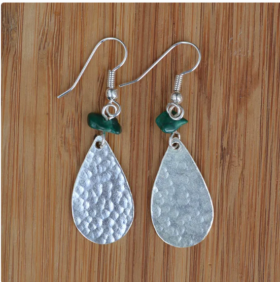 Silver Small Oval + Malachite Chip Earrings