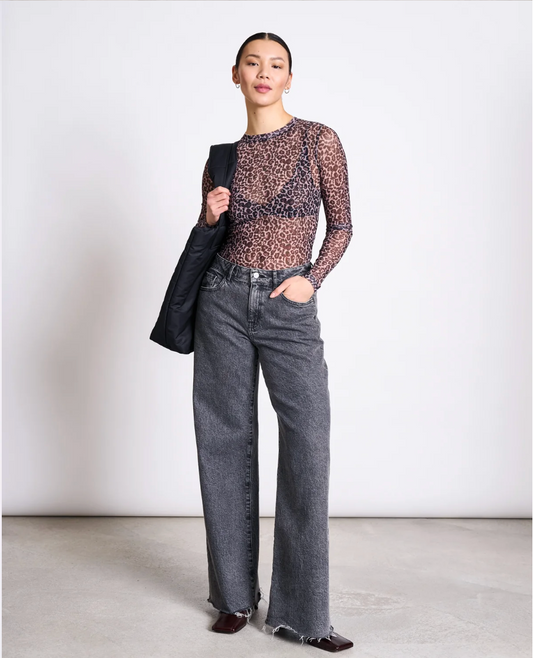 Dora Longsleeve Dark Leo Print Mesh Top