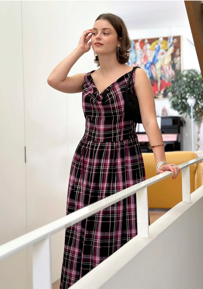 Celia Cowl Neck Dress in Berry & Black Check