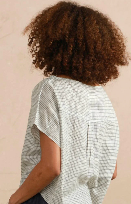 Boat Neck Top - Longer Length - Cream and Grey Check