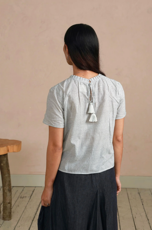 Shayla Top - Reversible Frill-Neck - Cream and Grey Check