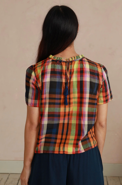 Shayla Top - Reversible Frill-Neck - Multi Check
