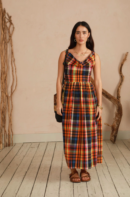 The Celia Cowl Neck Dress in Multi Check
