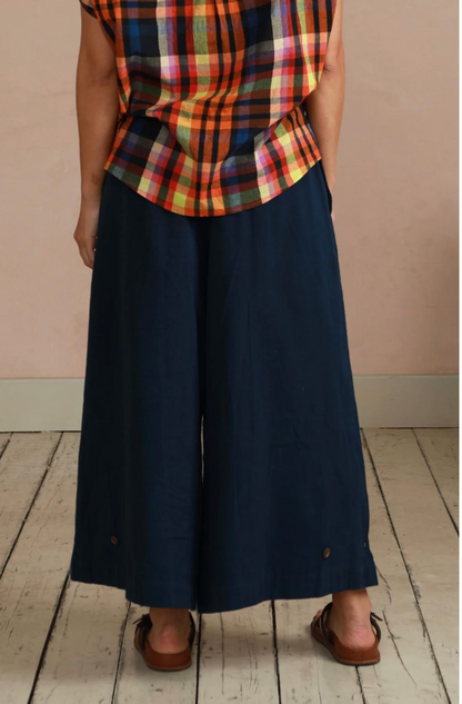 Navy Wide Leg Trousers in Handwoven Organic Cotton - (Medium Weight Twill)