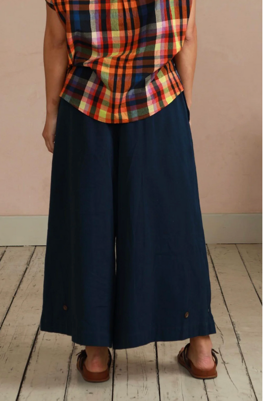 Navy Wide Leg Trousers in Handwoven Organic Cotton - (Medium Weight Twill)