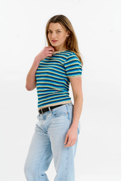 Penelope Pointelle Stripe Tee Ocean