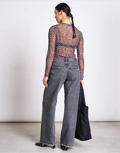 Dora Longsleeve Dark Leo Print Mesh Top