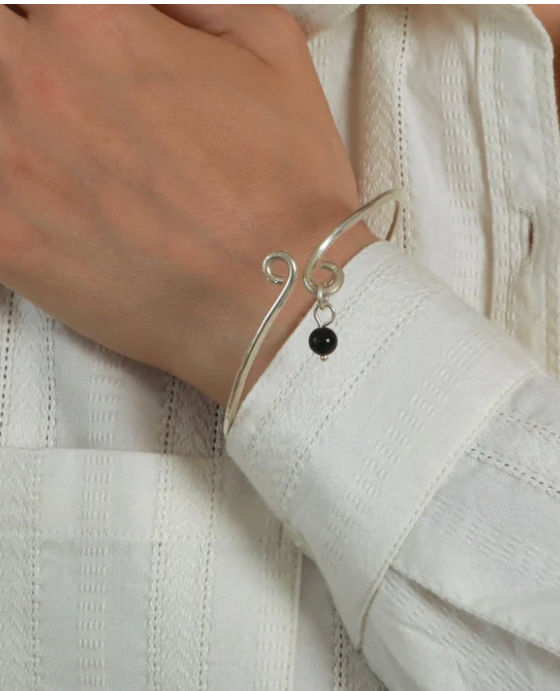 Bangle Hand Textured Silver Plated with Glass Black Bead