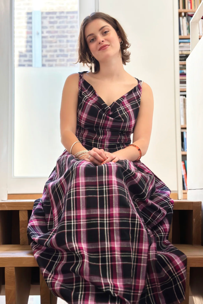 Celia Cowl Neck Dress in Berry & Black Check