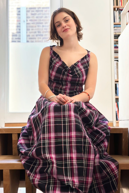 Celia Cowl Neck Dress in Berry & Black Check