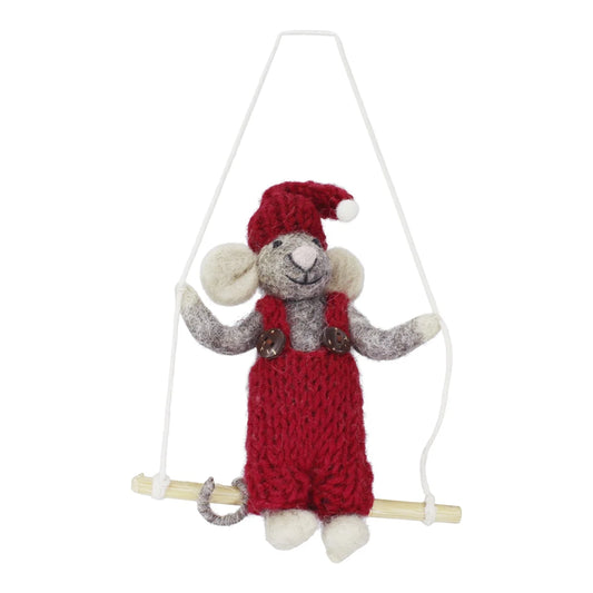 En Gry & Sif Small Grey Mouse with Red Pants on Swing