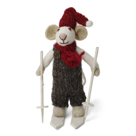 En Gry & Sif Small White Boy Mouse on Skis w/Brown Pants