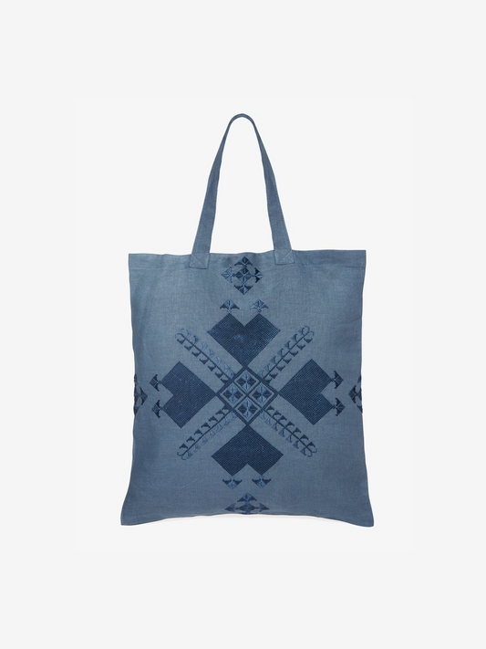 Embroidered Linen Tote Bag Blue