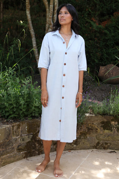 Dollie Sky Blue Shirt Dress 100% Linen
