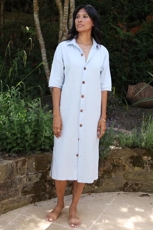 Dollie Sky Blue Shirt Dress 100% Linen
