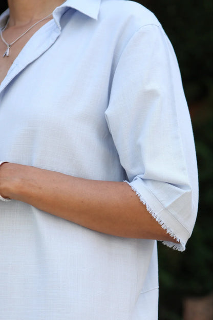 Dollie Sky Blue Shirt Dress 100% Linen