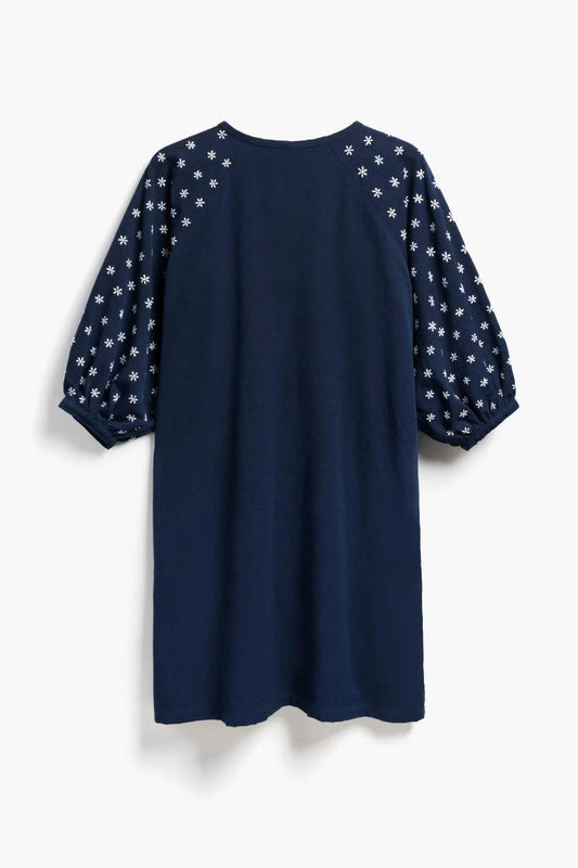 Navy dress with floral sleeves, back view